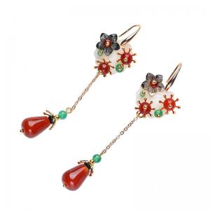 Red Agate Long Earrings Shell Flowers Pendant Earrings