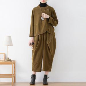 Slanted Buttons Corduroy Designer Two Piece Blouse and Pants Sets