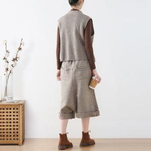 V-Neck Knitting Cinched Vest with Wide Leg Cropped Pants