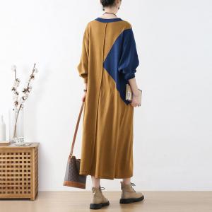 Contrast Colored V-Neck Dress Wool Blend Midi Jersey Dress