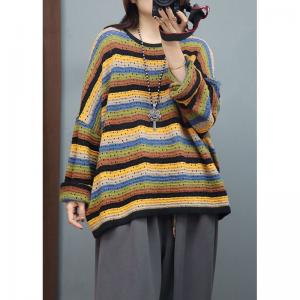 Hollow Out Colorful Striped Knit Wear Plus Size Cotton Sweater