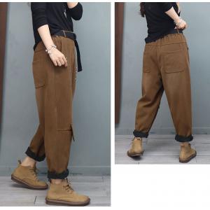 Fleeced Lining Cotton Tapered Pants Ladies Rivet Hipped Pants