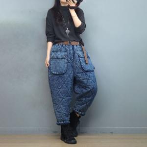 Straight Pockets Quilted Jeans Baggy Winter Carrot Pants