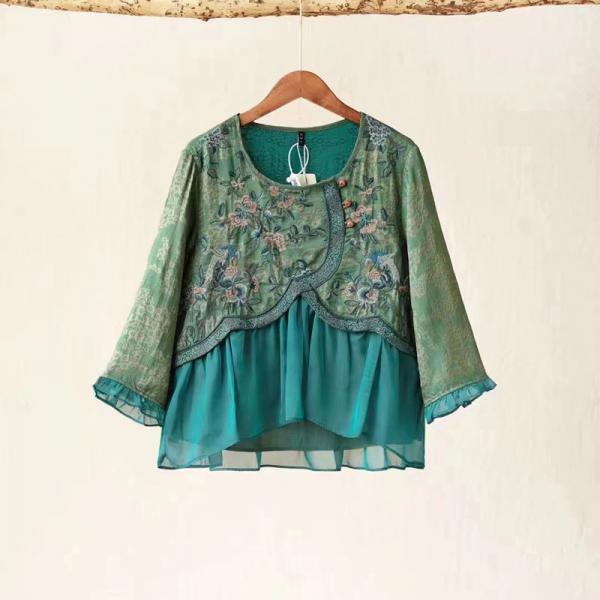 Flouncing Hem Floral Blouse Chinese Embroidery Clothing