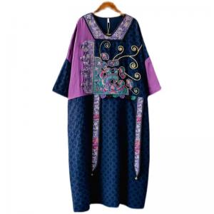 Loose- Fit Embroidered Midi Dress Cotton Linen Chinese Dress
