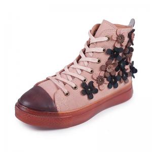Flowers Applique Plush Boots Lace Up Leather Sneaker Boots