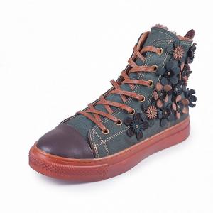 Flowers Applique Plush Boots Lace Up Leather Sneaker Boots