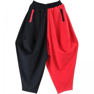 Red Contrast Cotton Linen Pants Designer Hippie Baggy Pants