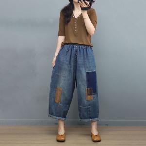Colored Patchwork Baggy Jeans Button Fly Boyfriend Ankle Jeans