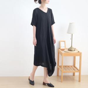 Slanted V-Neck Linen Resort Dress Asymmetrical Short Sleeves Dress