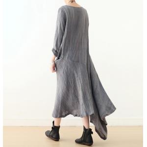 Long Sleeves Linen Designer Dress Slanted Buttons Draped Dress