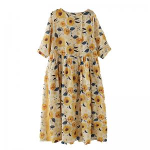 Sunflowers Prints Tied Waist Dress Ramie Yellow Travel Dress