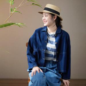 Blue Chunky Striped T-shirt Casual Cotton T-shirt for Women