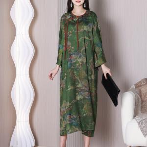 Modern Forest Green Mountain Painting Loose Silk Qipao
