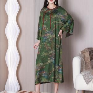Modern Forest Green Mountain Painting Loose Silk Qipao
