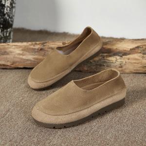 Round Toe Low Top Flats Soft Leather Cozy Travel Shoes
