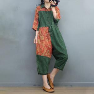 High-Waited Tied Folk Patchwork Olive Drab Jumpsuits