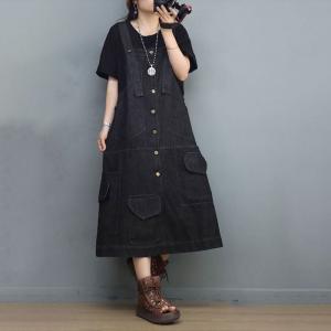 90s Fashion A-Line Jumper Dress Button Fly Jean Overalls Dress