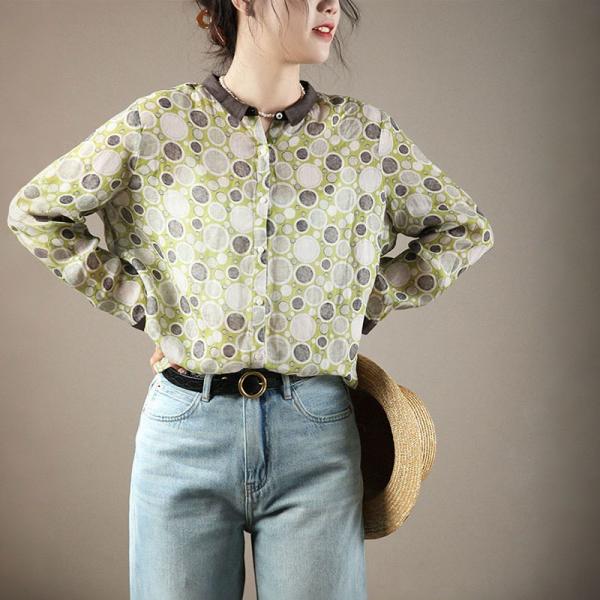Green Dotted Ladies Shirt Oversized Ramie Summer Blouse