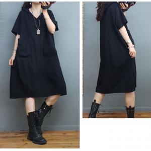 Front Pockets Cotton Hooded Dress Plus Size Casual Dress