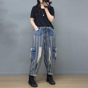 Vertical Striped Straight Leg Jeans Womens Baggy Camo Ripped Jeans