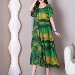Tropical Green Printed Summer Dress Loose Short Sleeves Dress