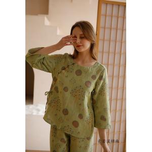 Chinese Buttons Dotted Tied Homewear Top with Green Cotton Pant Sets