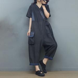 Slanted Button V-Neck Tied Jumpsuits Soft Denim Casual Coveralls