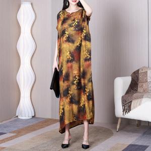 Yellow Flowers Chinese Modern Qipao Plus Size Silky Cocoon Dress