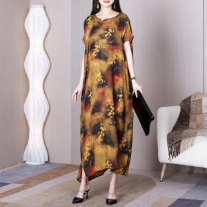 Yellow Flowers Chinese Modern Qipao Plus Size Silky Cocoon Dress