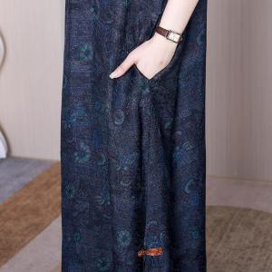 Oriental Style Loose Slit Dress Blue Modern Caftan Qipao