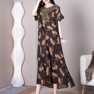 Rose Printed Loose Chinese Dress Elegant Senior Women Dress