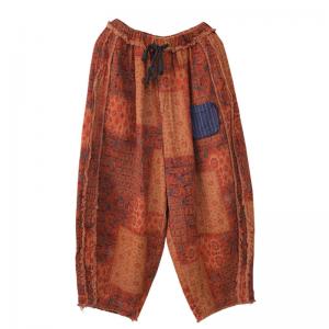 Folk Printed Travel Pull-On Pants Cotton Linen Fringed Pants