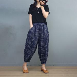 White Flowers Blue Linen Pants Womens Cozy Tapered Pants