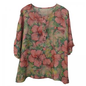 Breathable Tropical Henley Shirt Summer Ramie Printed Blouse