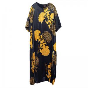 Yellow Flowers Black Caftan Dress Summer Silk Modest Dress