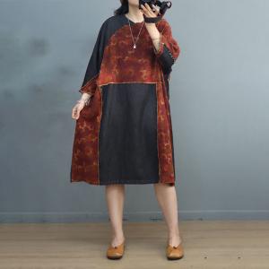 Denim Patchwork Printed Fringed Dress Loose Midi Flax Clothing