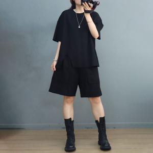 Leisure Chic Cotton Tee with Flap Pockets Wide Leg Shorts