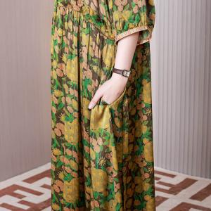 Y-Neck Printed Empire Waist Dress Silk Tied Midi Dress
