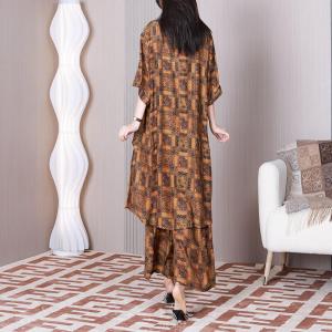 Over40 Style Printed Plaid Tunic Dress with Wide Leg Pant Sets