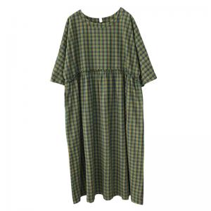 Empire Waist Green Gingham Dress Cotton Linen Preppy Plaid Dress