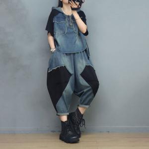 Contrast Colors Denim Hoodie with Balloon Leg Cropped Pants