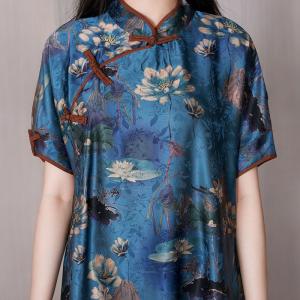 Lotus Painted Side Slit Dress Short Sleeves Blue Cheongsam