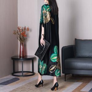Huge Flowers Modest Caftan Heavy Silk Black Concert Dress