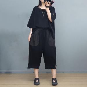 Denim Patchwork Oversized T-shirt with Cotton Cropped Pant Sets