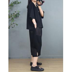 Denim Patchwork Oversized T-shirt with Cotton Cropped Pant Sets