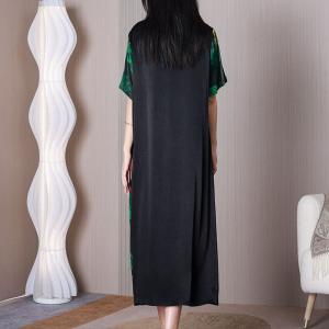 Elastic Waist Printed Green Dress V-Neck A-Line Dress