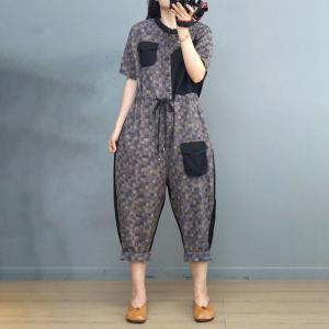 Folk Patterned Tied Jumpsuits Denim Patchwork Flax Casual Jumpsuits