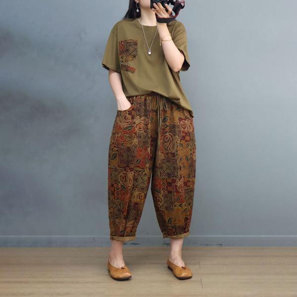 Printed Chest Pocket Cotton Tee with Cotton Linen Folk Pants