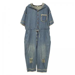 Front Tied Ripped Jumpsuits Fringed Hooded Jumpsuits